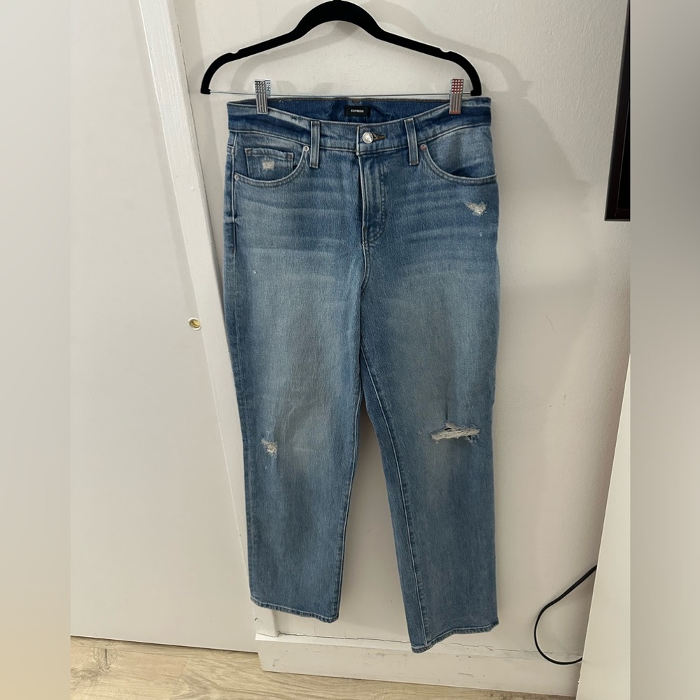 Express High Waisted Medium Wash Ripped Modern Straight Jeans - Size: 8R